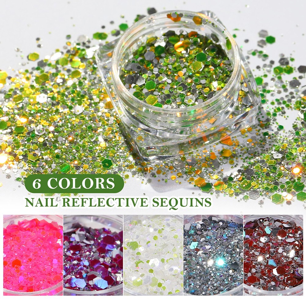 6 Color Set Mix Glitter Nail Sequins Powder Flakes Manicure In The Dark Effect