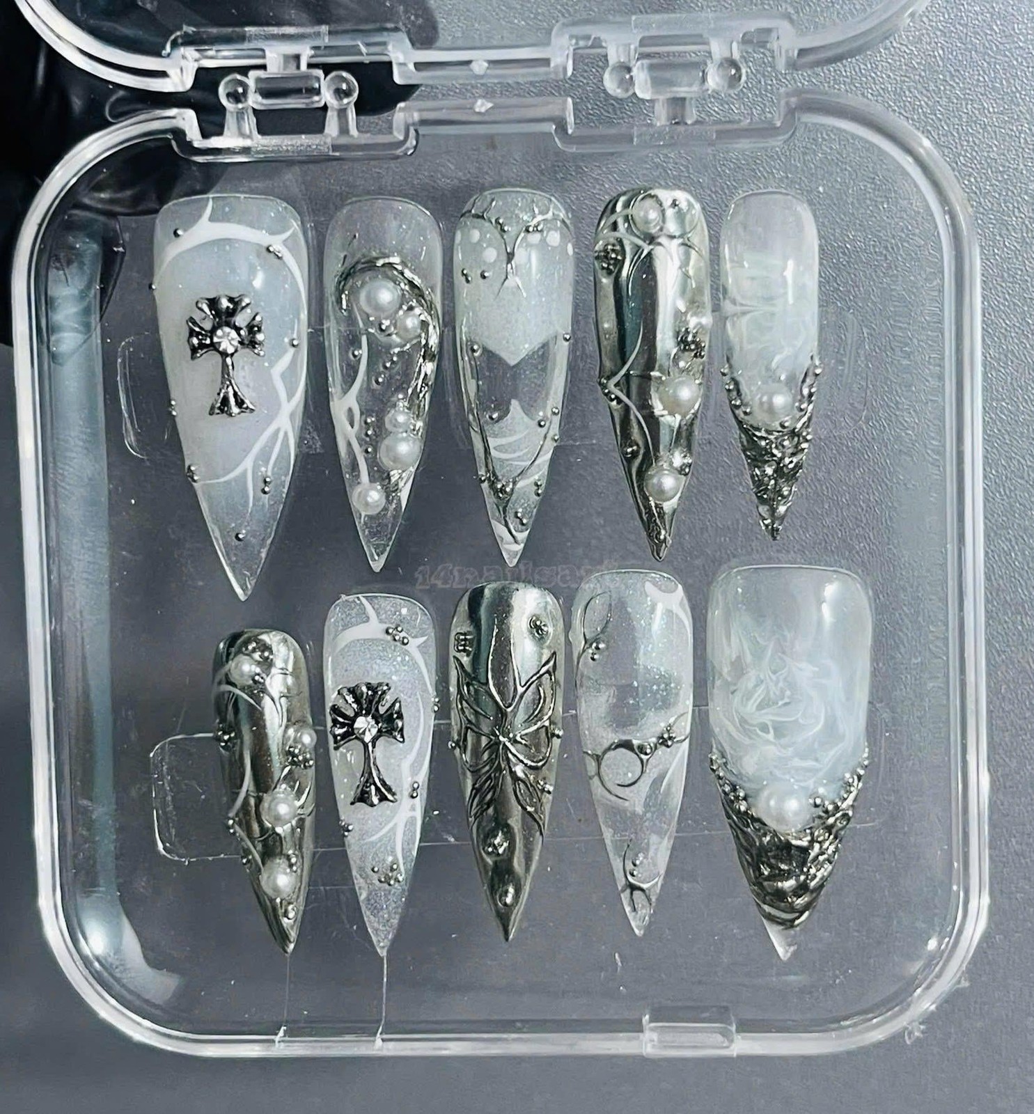 Handmade Custom Y2K Silver Metal Cross Butterfly Pearl Stiletto Press on Nails