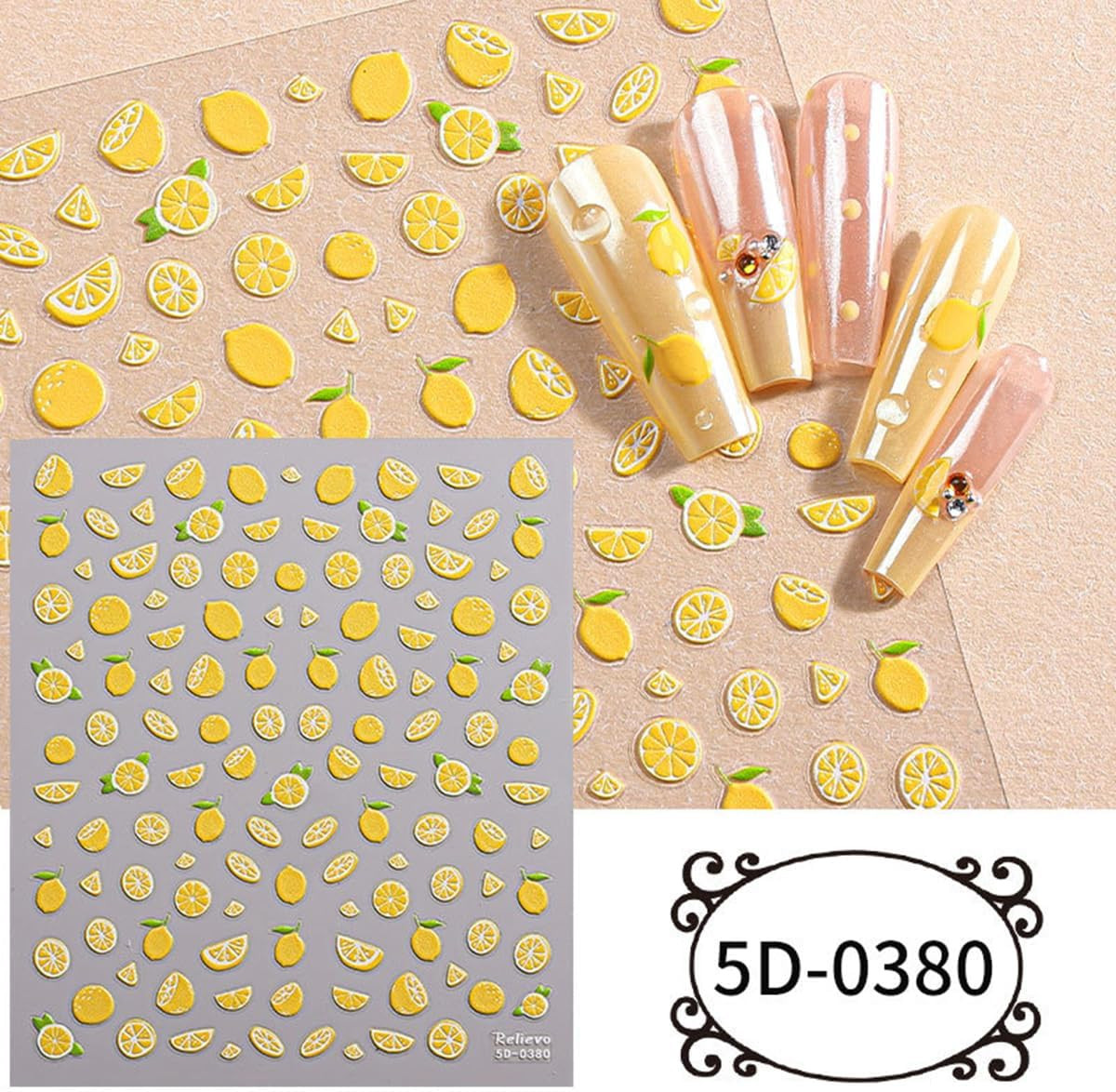 Lemon Nail Art Stickers Decals 5D Embossed Summer Lemon Nail Decals 1PCS Fruit S