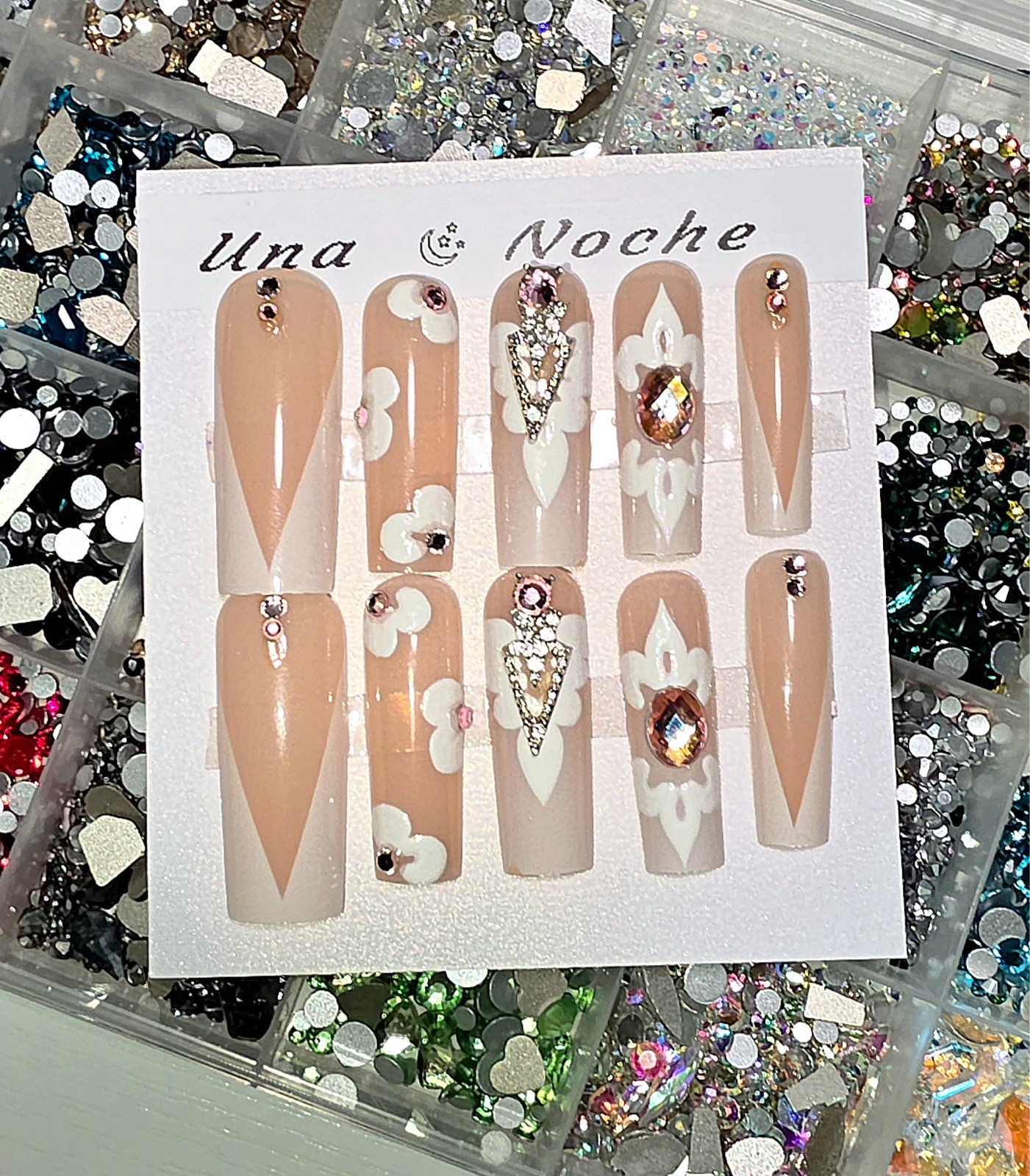 Acrylic Nails Press On Set Square French Tip Floral Pink Gems Reusable White