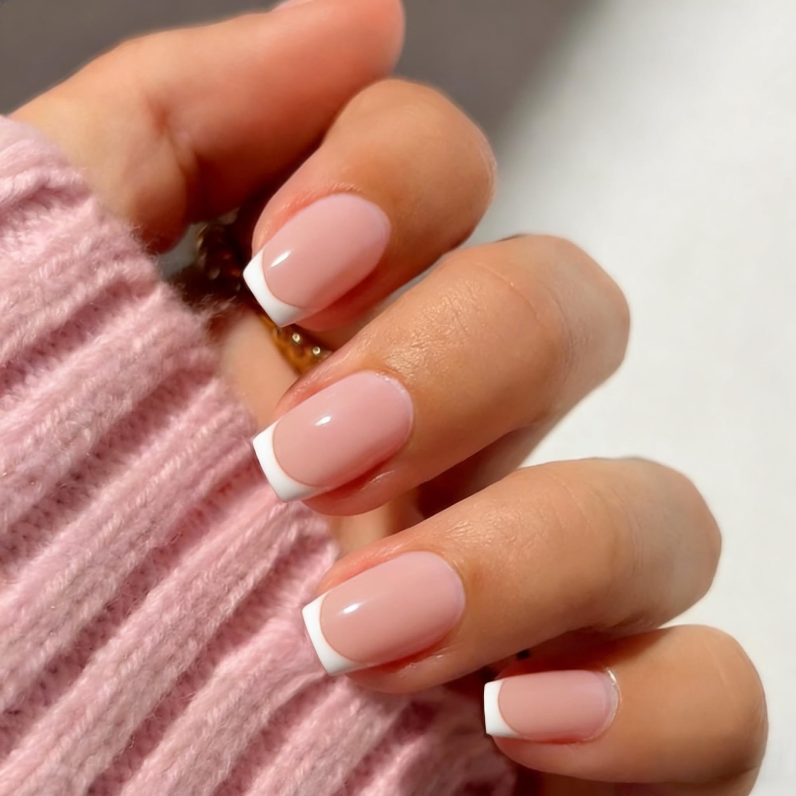 White French Tip Press On Nails Medium Square, Short Fake Nails, Glossy Coffi…