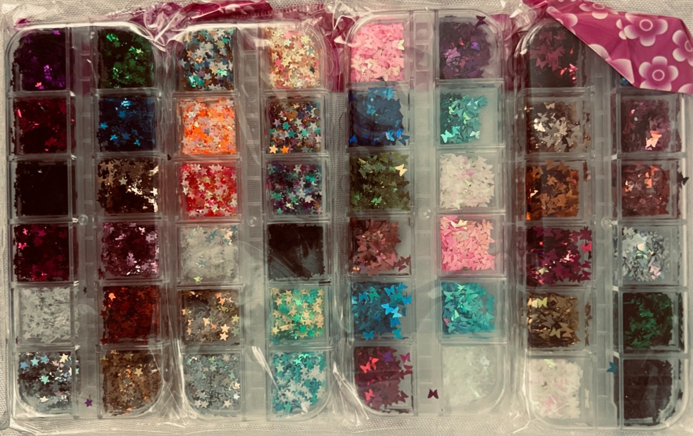 Nail Art Sequins Glitter Transparent & Color, Stars & Butterfly 4-4 Packages NEW