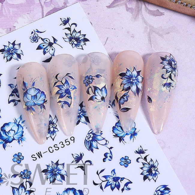 2Sheets Blue porcelain floral Flower Nail Stickers Self-adhesive Decoration NS8