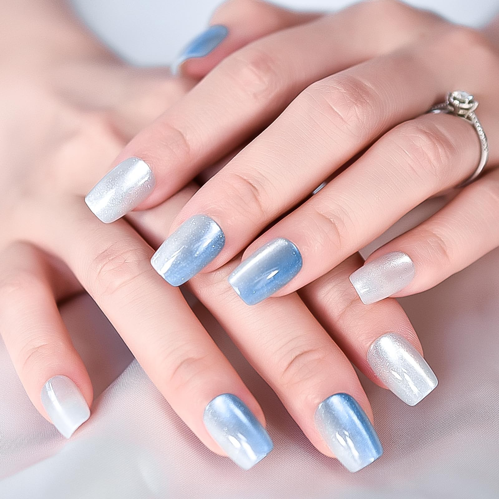 30pcs Glossy Ombre Blue Press On Nails Cat Eye Salon Manicure Medium Coffin S…