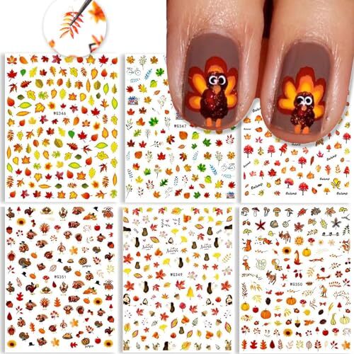 3D Thanksgiving Nail Art Stickers 6 Sheets Autumn Fall Nail Art Accessories C