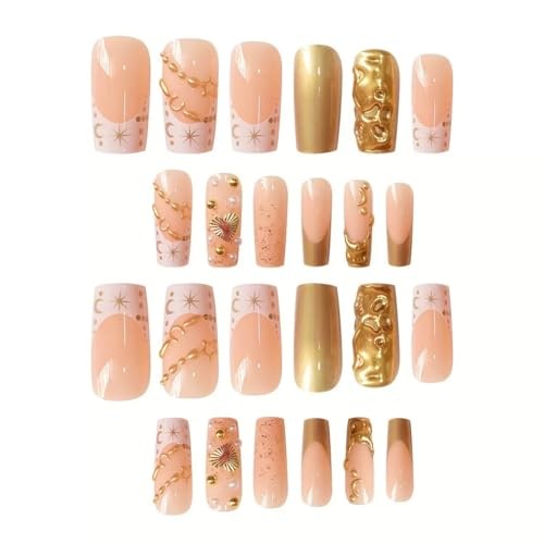 CTTHNBD Gold Press on Nails – Long Square Fake Nails with Star Moon Golden