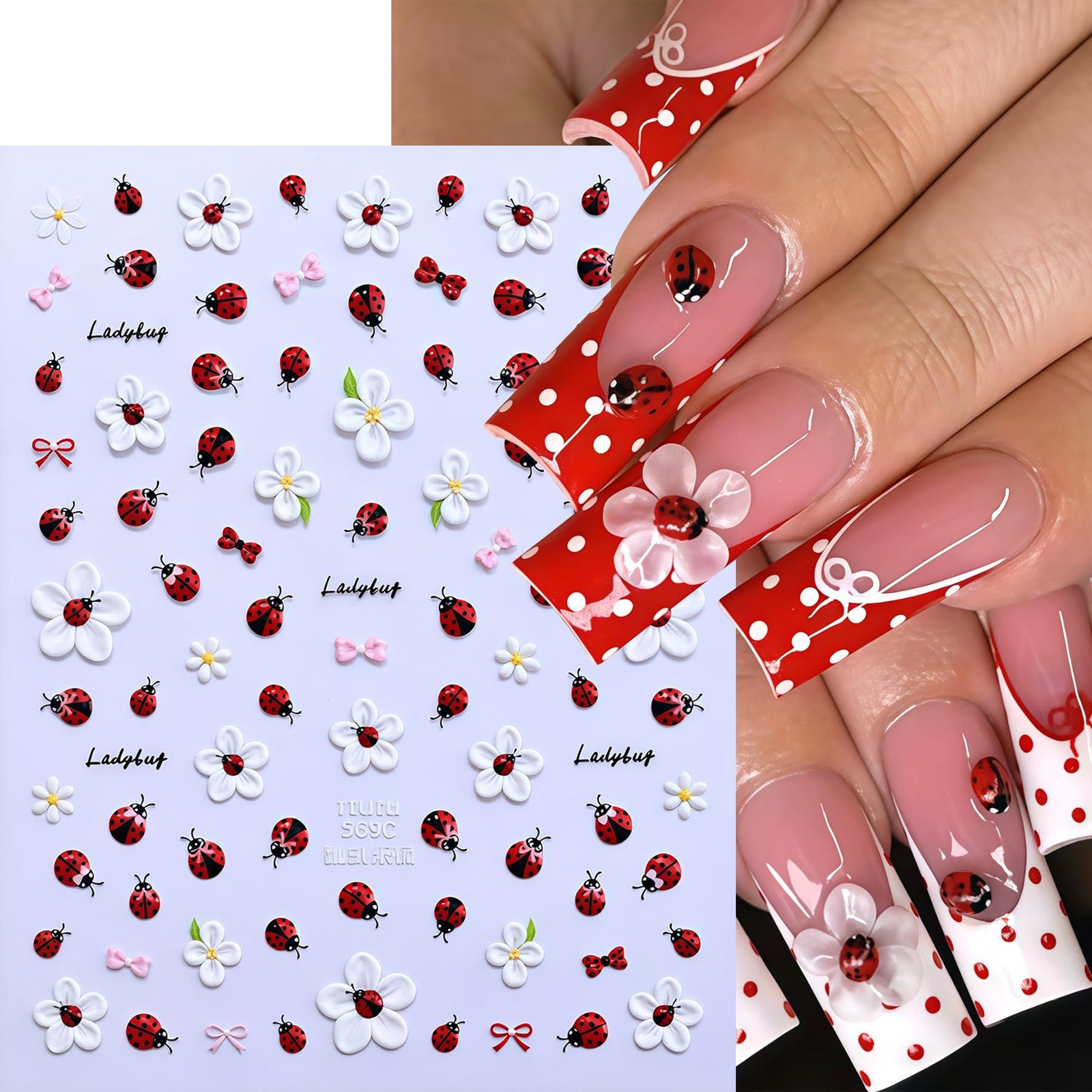 2 Sheets Floral Ladybug Nail Stickers 5D Embossed Cute Bee Nails Decals Tiny …