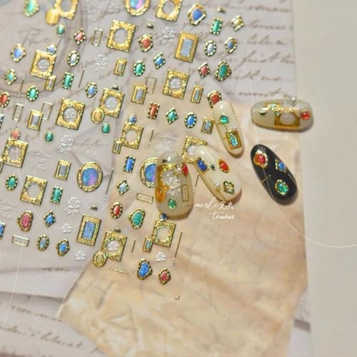 1 Sheet Gold Nail Stickers 3D Self-Adhesive Embossed Gems Nail Art Color-27