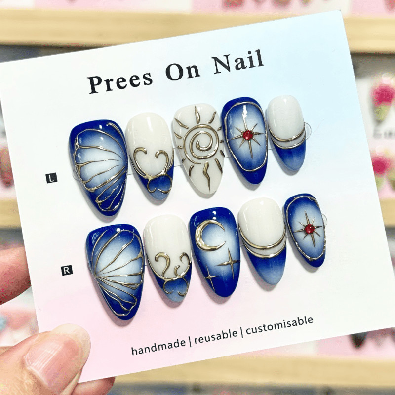 60pcs Almond Press on Nails,Blue White Ombre Gold Line Sun Moon Rhinestone Nails