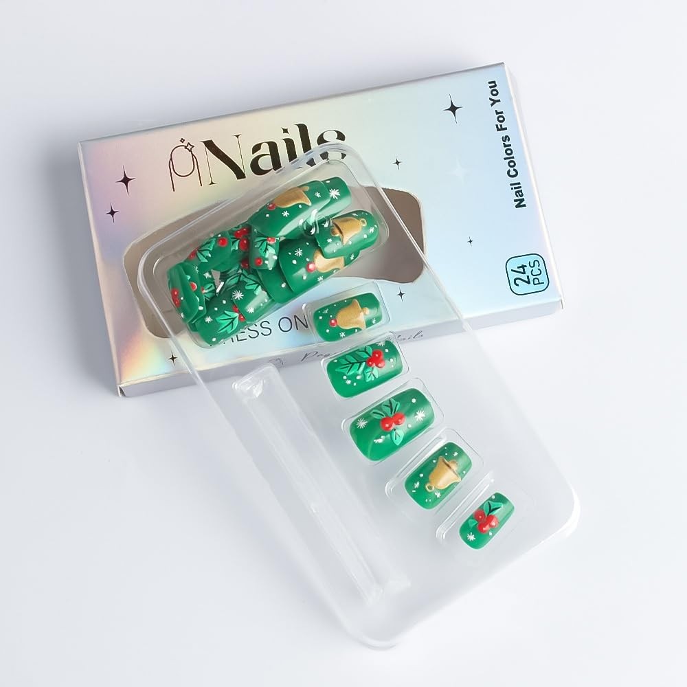 Christmas Press on Nails Short Square Glue on Nails with Holly Fruit Design C…