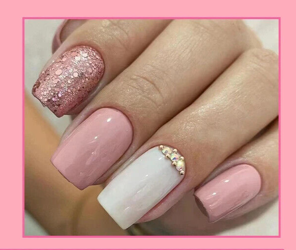 French Style Short Squared Fake Press on Nails pink and white