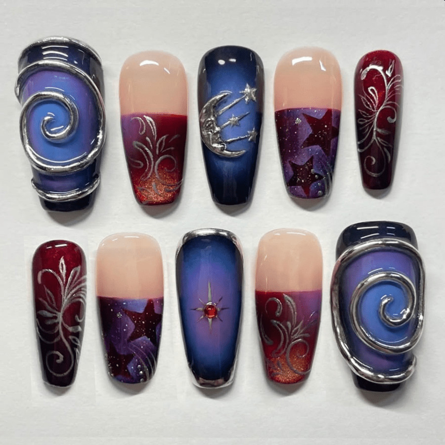 48pcs Long Taper Press on Nails, Purple Blue Ombre Moon Star Silver Swirl Nails