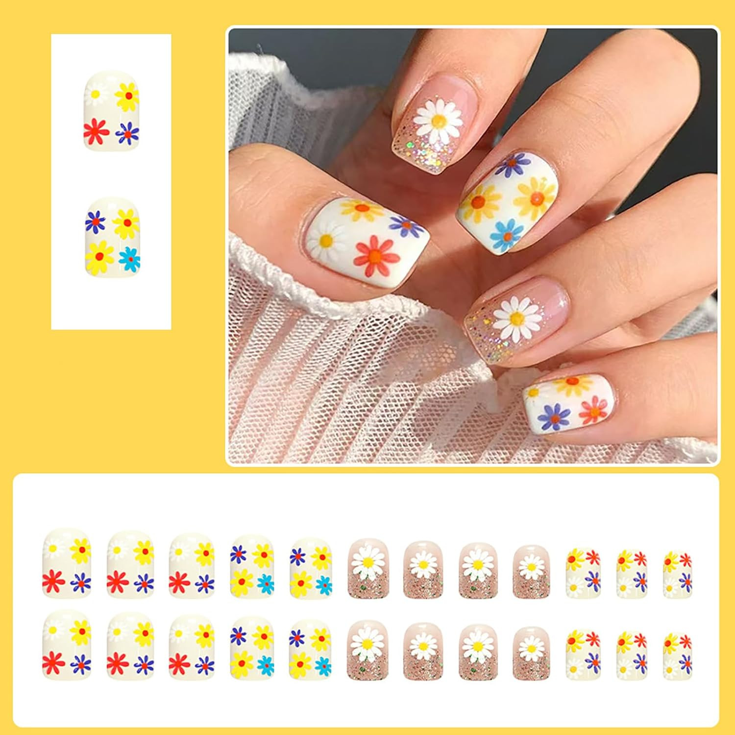 24Pcs Colorful Flower Press on Nails,Short Square Fake Nails with French Glitter