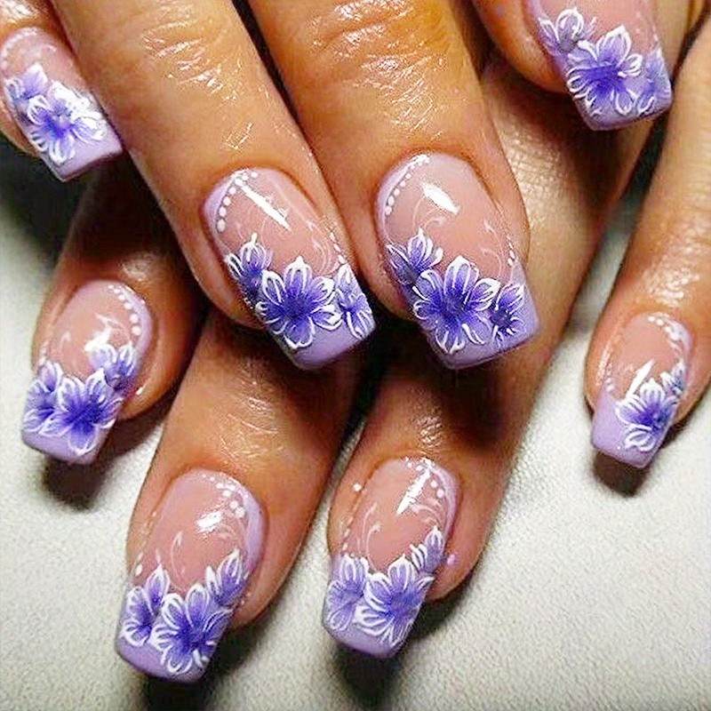96pcs(4Pack) Trend Elegant Purple Floral Press On Nails Art for Wedding Party