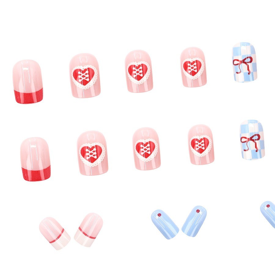 48 Pcs Blue Pink Heart Press on Nails, Short Square Cute French False Nails
