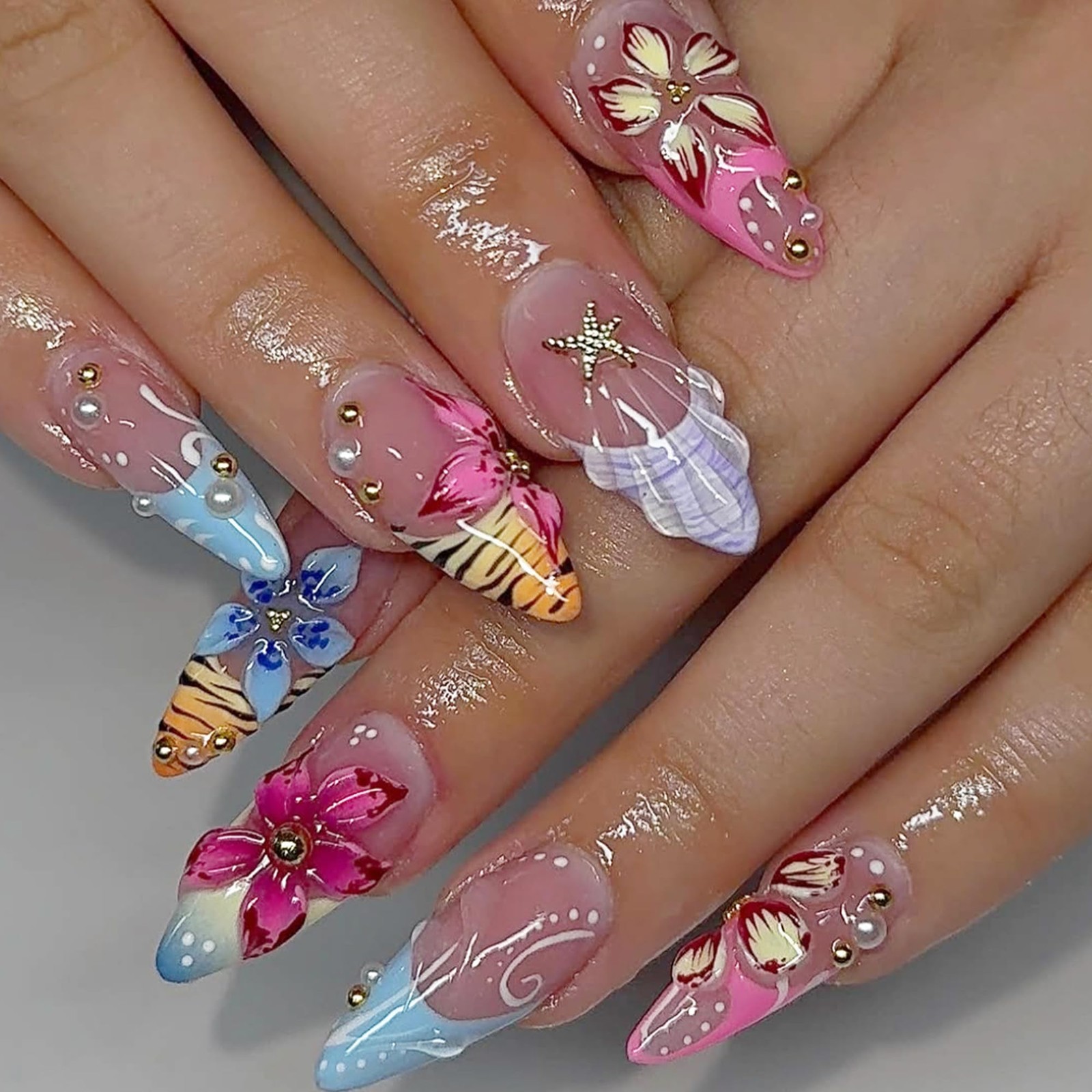 24Pcs Tropical Press on Nails Medium Almond Fake Nails with 3D Ocean Flower A…