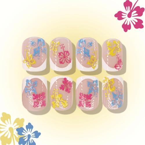 White French Tips Press on Nails Short 1 Fl Oz (Pack of 1) Blue Yellow Pink