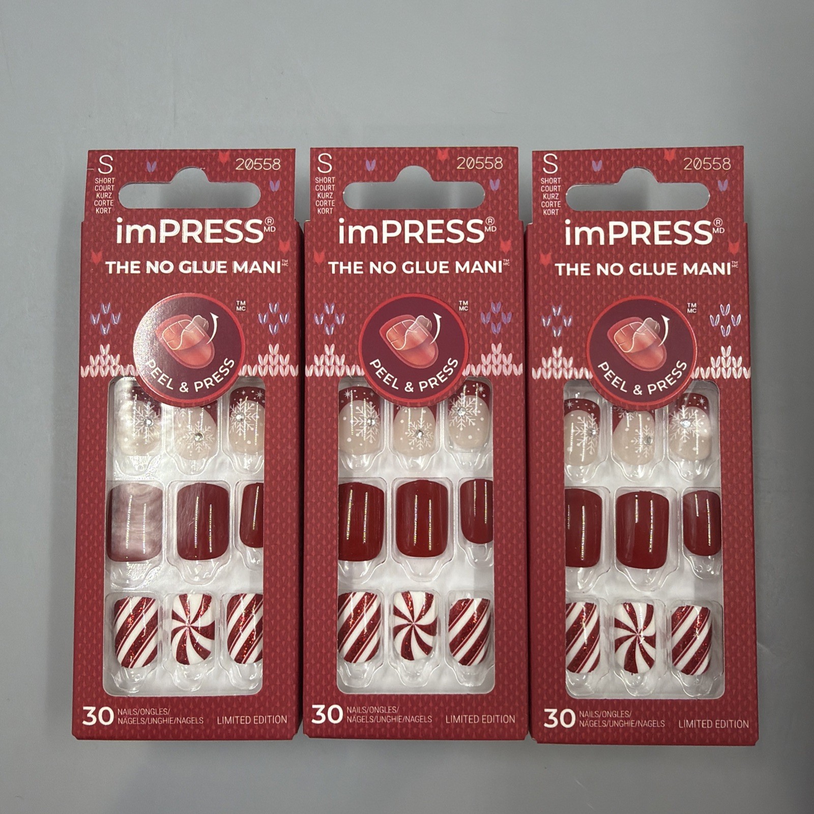 3 Boxes- KISS 30 ImPRESS ON NAILS Christmas Holiday “Santa Baby” Short New