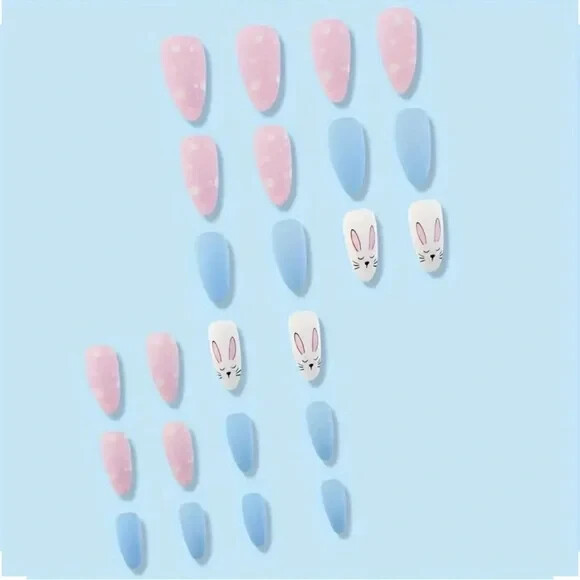 Easter 24pcs/set Rabbit Pattern Frosted Long Almond Nails NWT