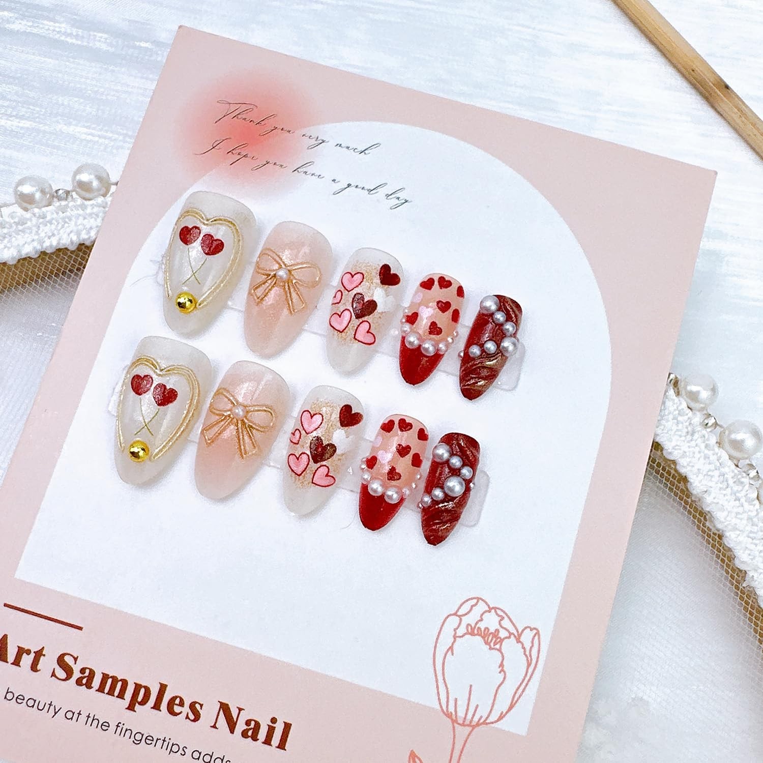 30Pcs Valentines Press on Nails Short Almond Red French Tip Fake Nails with P…
