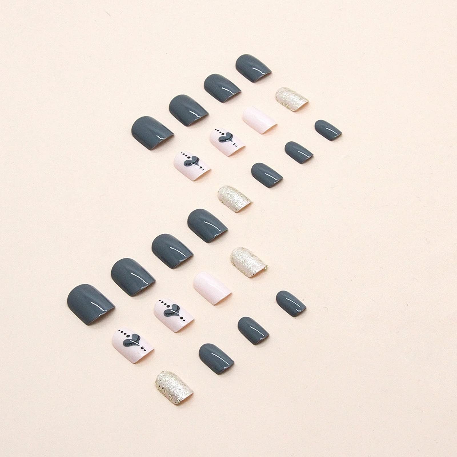 Press on Nails – Short Square Fake Nails with Gray Blue, Acrylic Bling Glitte…