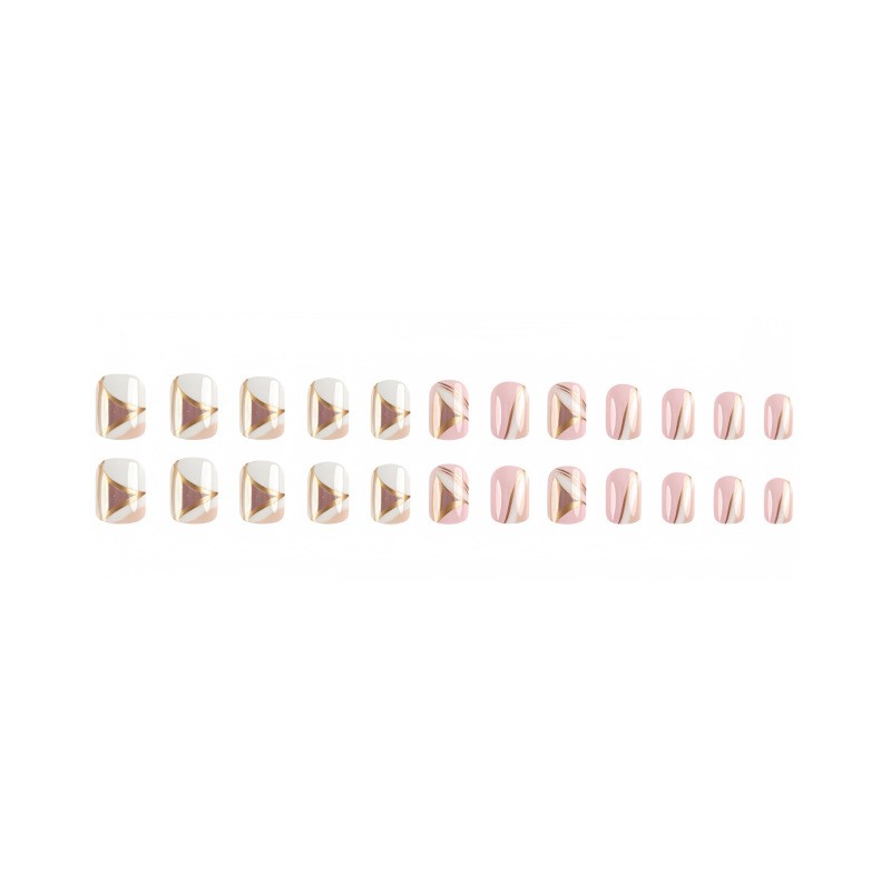 48Pcs-Medium Square Nude White Geometric Gold Line Gradient Press on Nails Set