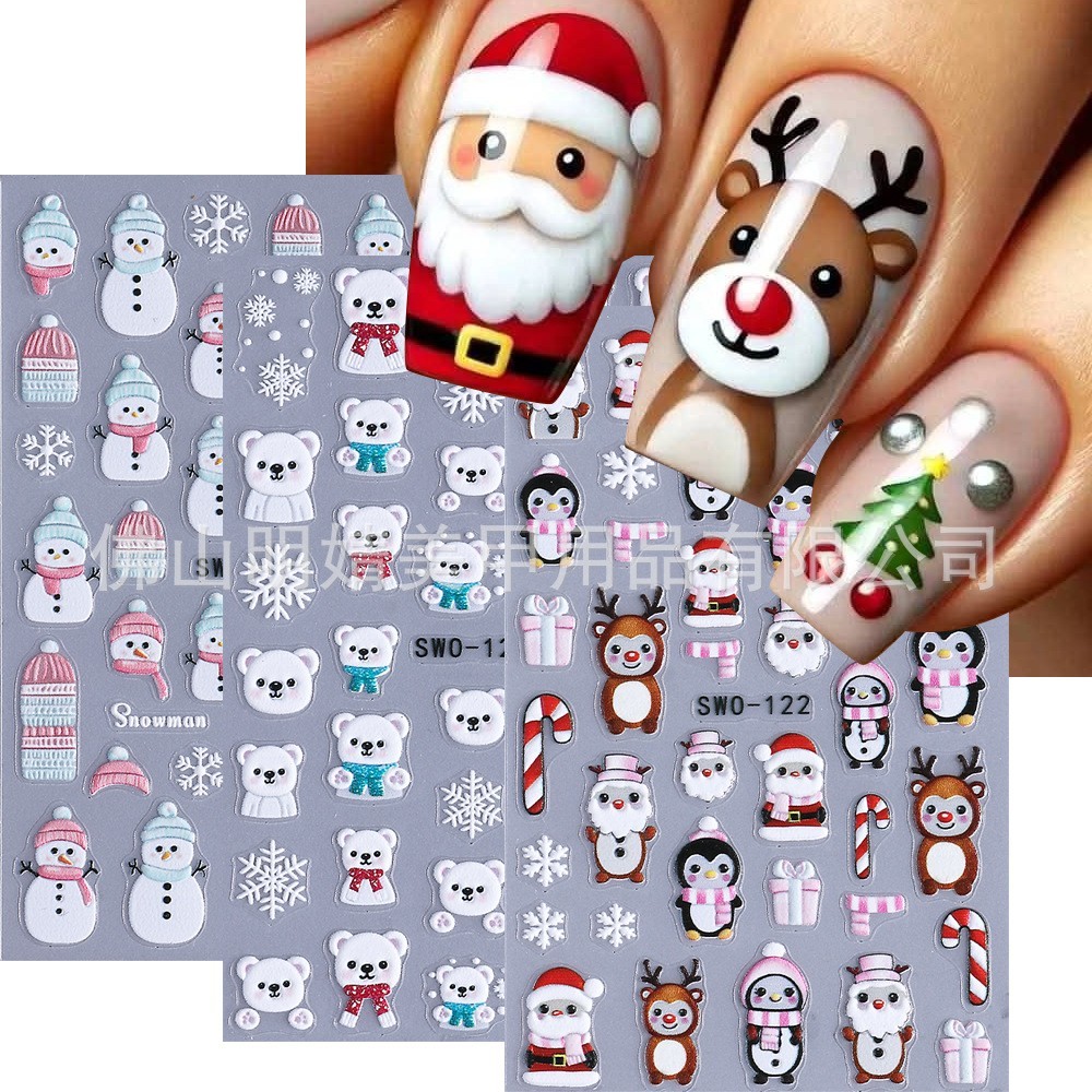 3Pcs Christmas Snowflakes Santa Bear Nail Art Sticker Decal Self Adhesive NS53
