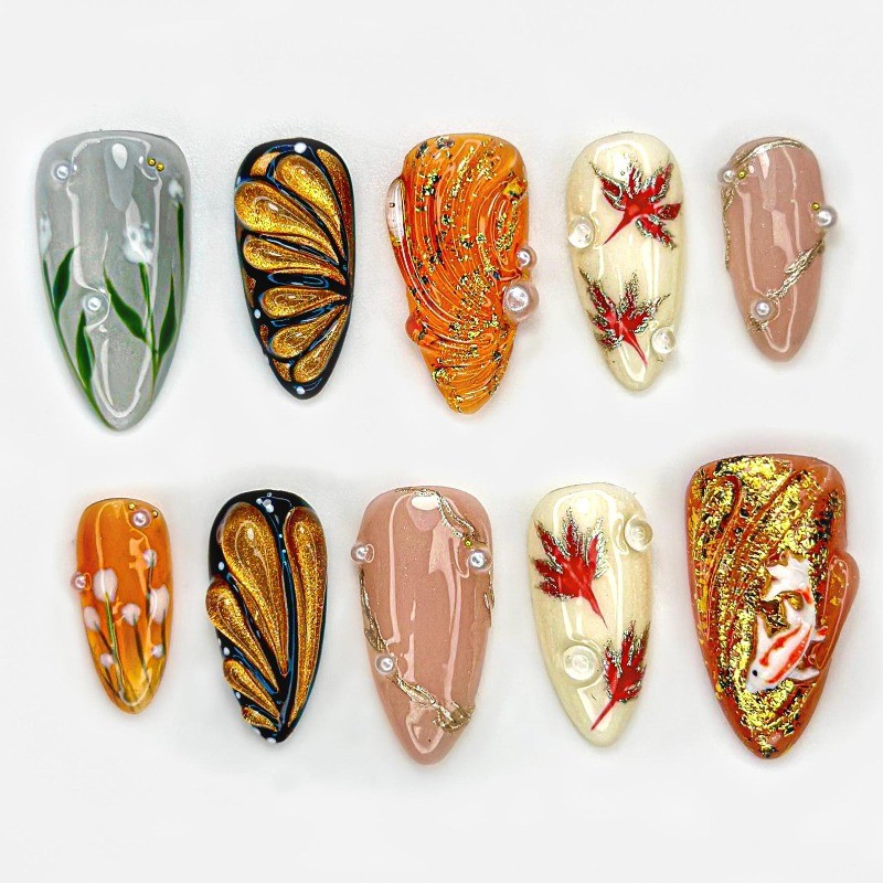 Custom Pure Handmade Nails Orange Koi Maple Leaf Gold Pearl Vintage Manicure