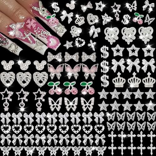 106 Pcs Nail Charms and Gems Silver Nail Charms Nail Rhinestones for Nails