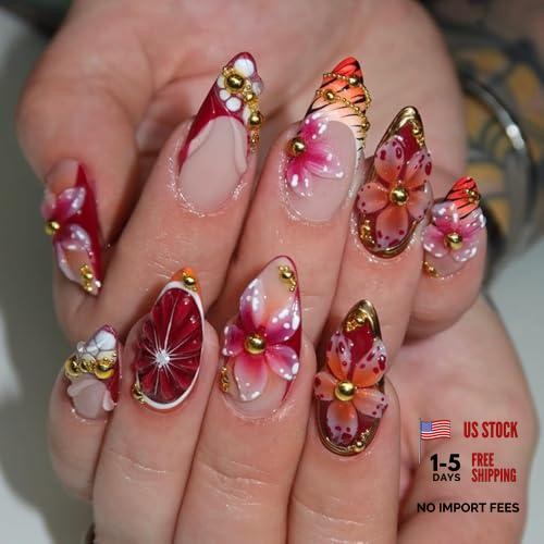 Almond Press on Nails – Medium 3D French Fake Nails – Gold Curve Line