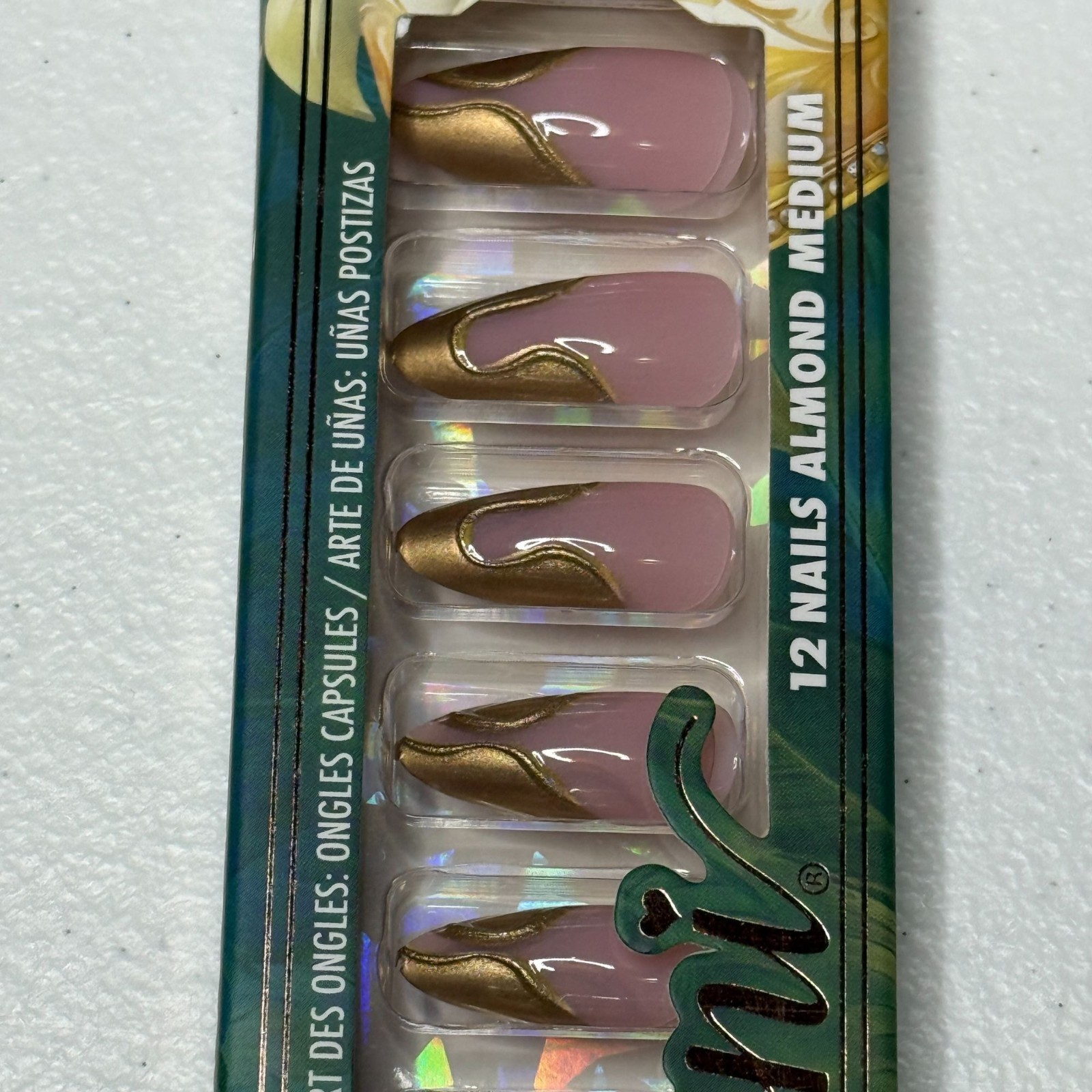 ioni Press On Nails Almond Medium Pink Gold Swirl Veil of Allure 12pc NWT