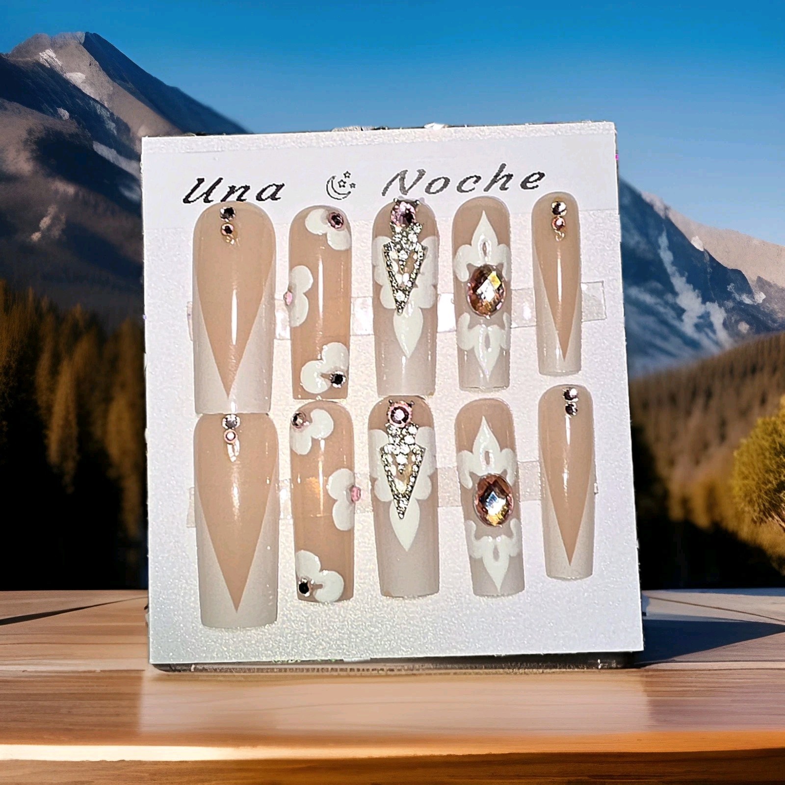 Acrylic Nails Press On Set Square French Tip Floral Pink Gems Reusable White