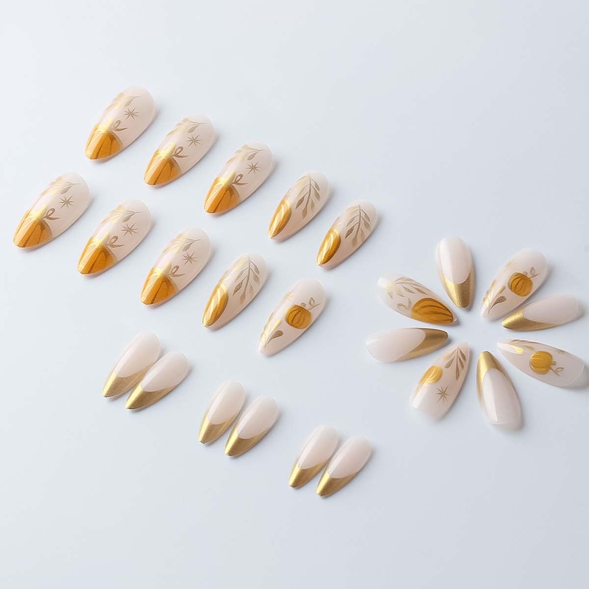 24Pcs French Tip Press on Nails Short Almond Gold Leaf Pumpkin Fake Nails Fal…