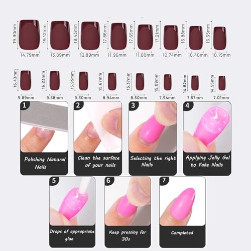 Dark Red Press On Nails Square -Short Red Nails with Glossy B-Merlot Red Square