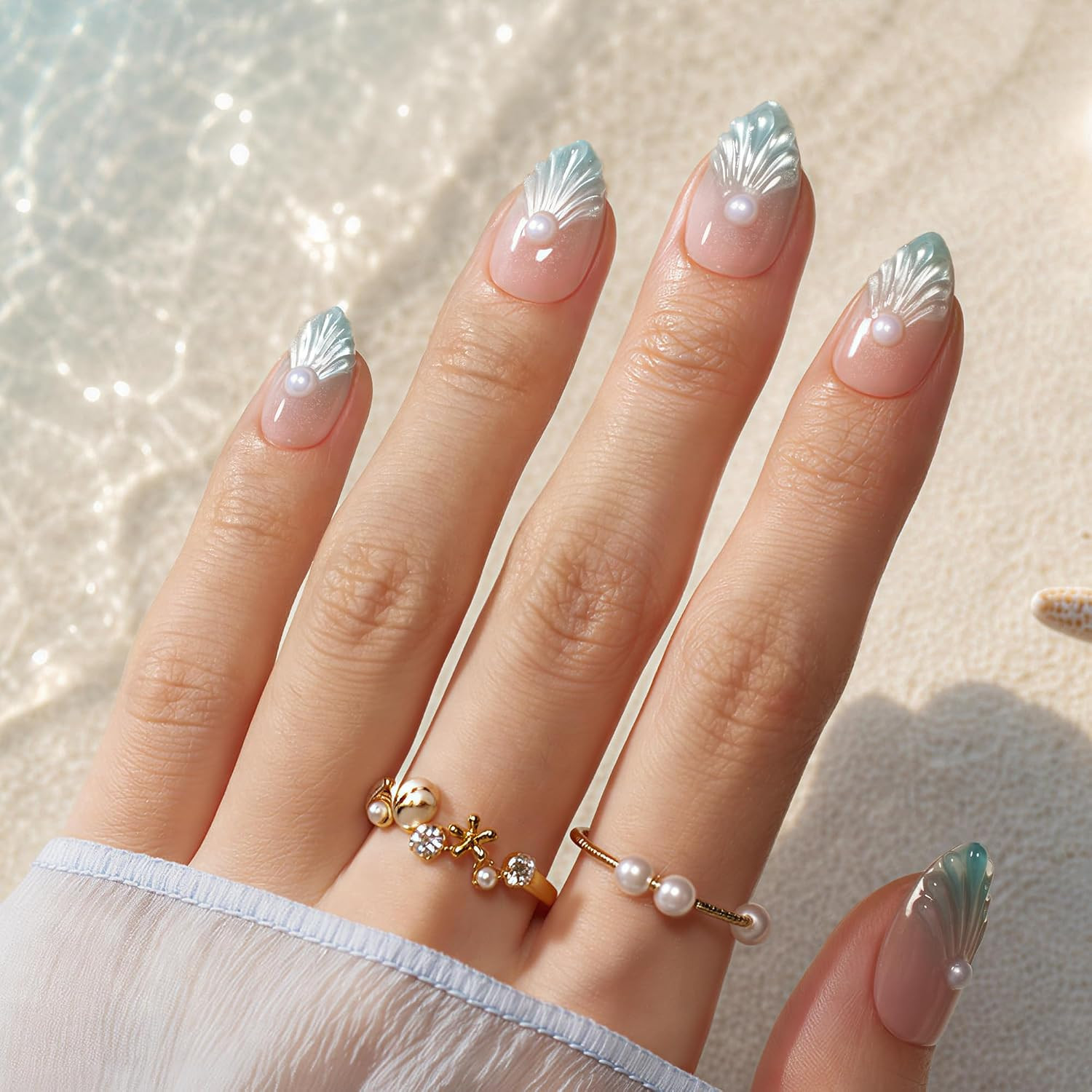 Beetles Cat Eye Press on Nails Short Almond 32 Pcs Mermaid Nails Kit | Short Alm