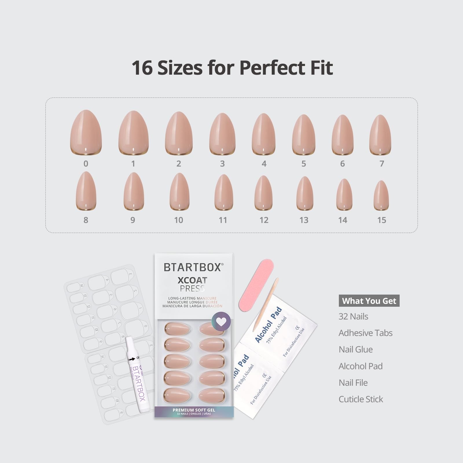 Almond Press On Nails Kit – Short Gold Foil Stick-On Nails with Glue, 32 Pieces