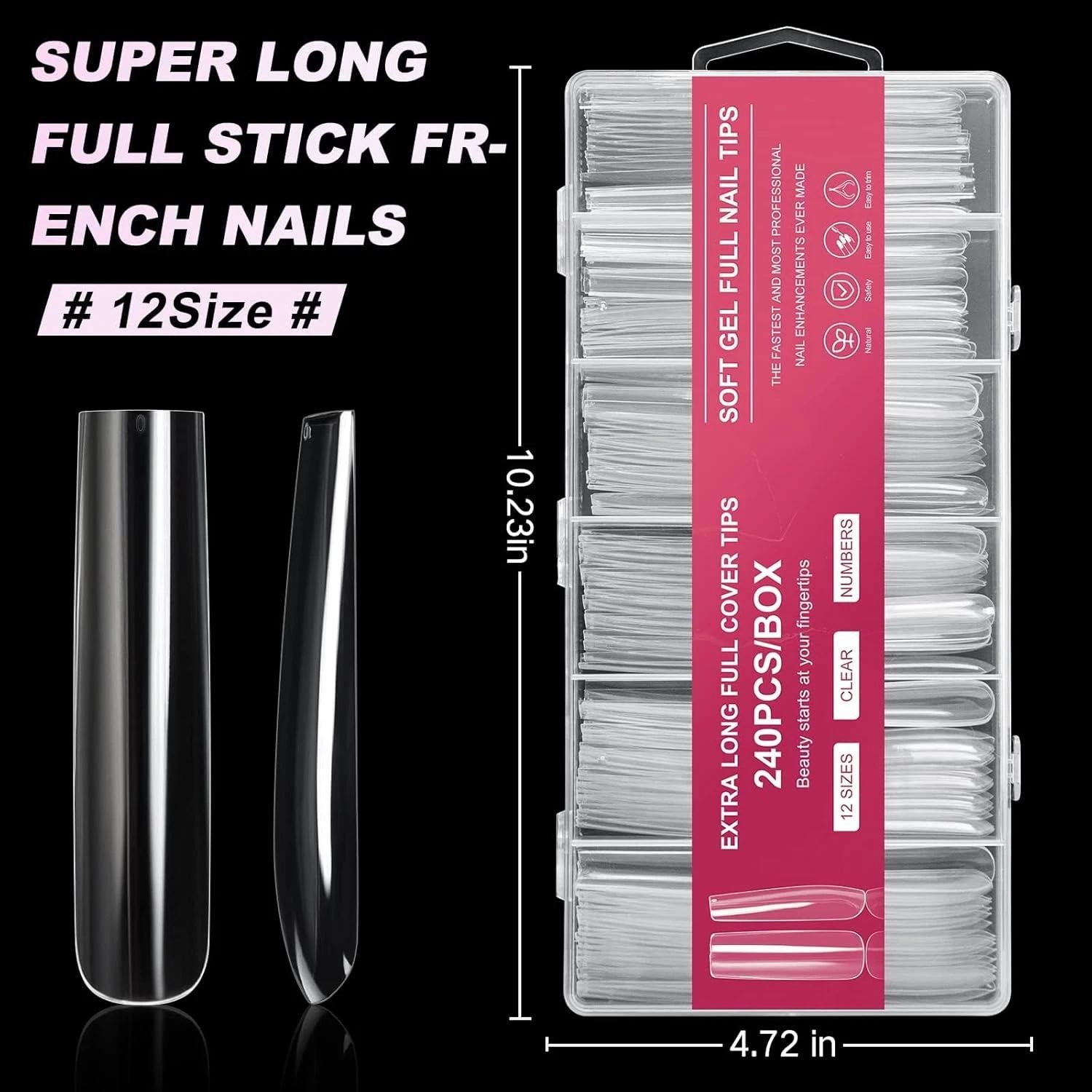 Aoraem Extra Long Square Full Cover Nail Tips 240pcs Xxxl Clear Full Cover Fake