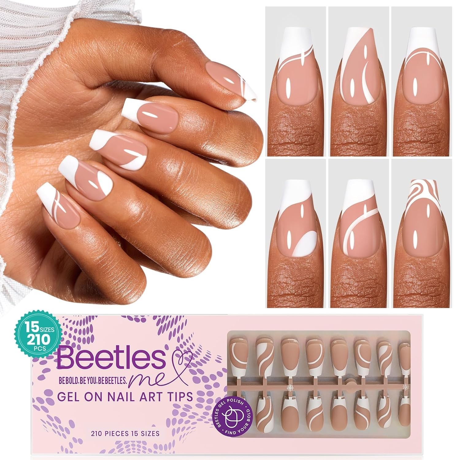Beetles Press on Nails Med Coffin – 7 Styles French Tips 210 pieces – 15 sizes
