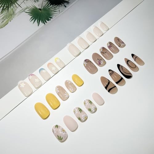 6 Packs Press on Nails Short,Flower French Press on Nails JS-6in1-Nails-C