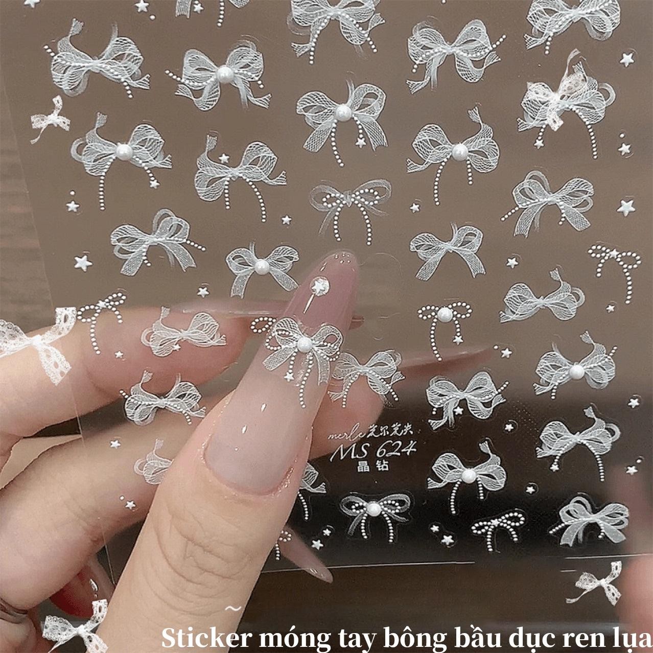 DIY Nail Art Stickers, White 5D Lace Bows with Pearls & Crystals – Self-Adhesive