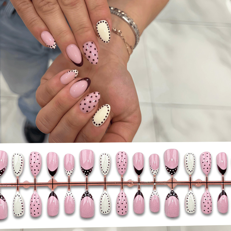 30Pcs-Long Almond Pink White Burgundy Polka Dot French Art Design Press on Nails
