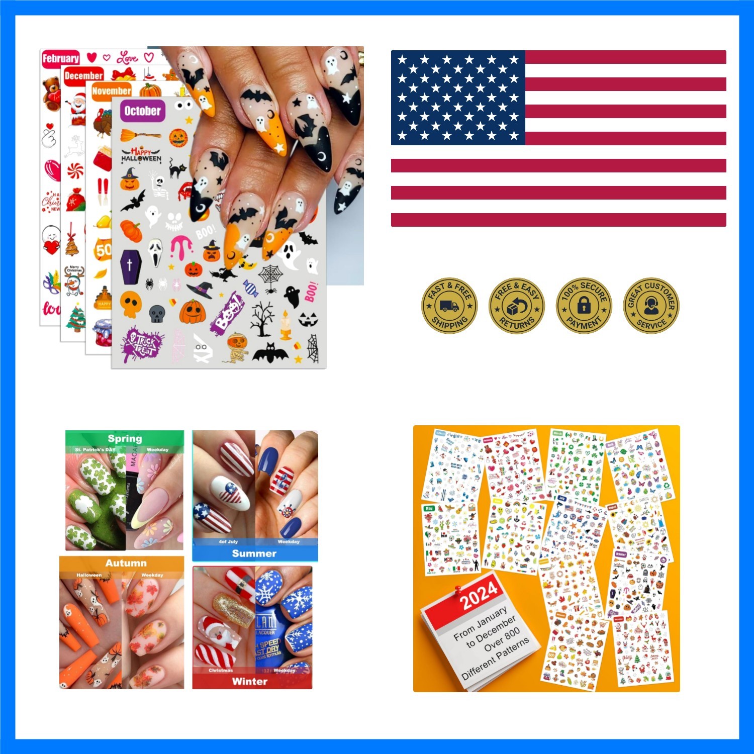 12 All Holiday Nail Stickers, 24 Sheets Seasonal Variety Pack 2 Pcs Per DIY…