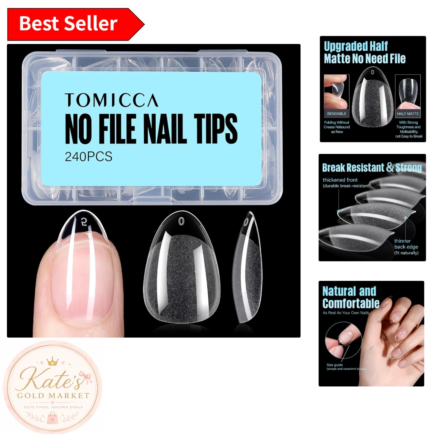 Short Almond Nail Tips, 240 Pcs – Easy Application Half Matte Press-On for All