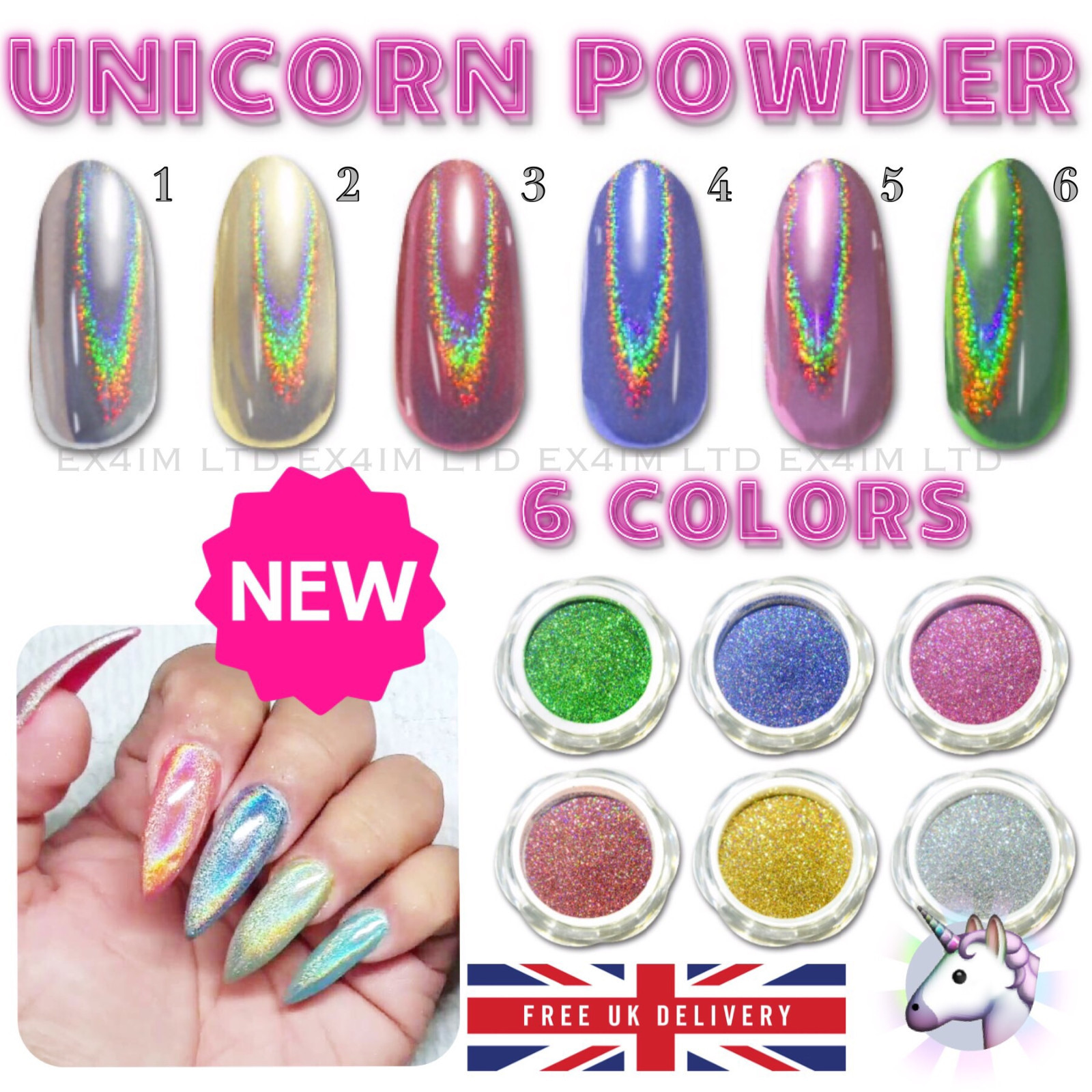 New 6 Colours Rainbow UNICORN Holographic Mirror Effect Powder Nail Art Pigment