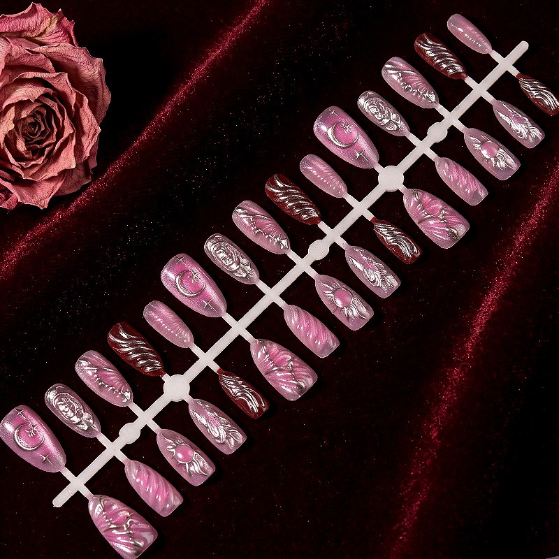 60Pcs Moon Sun Flame Metallic Almond Press on Nails,Y2K Glossy Trendy Fake Nails