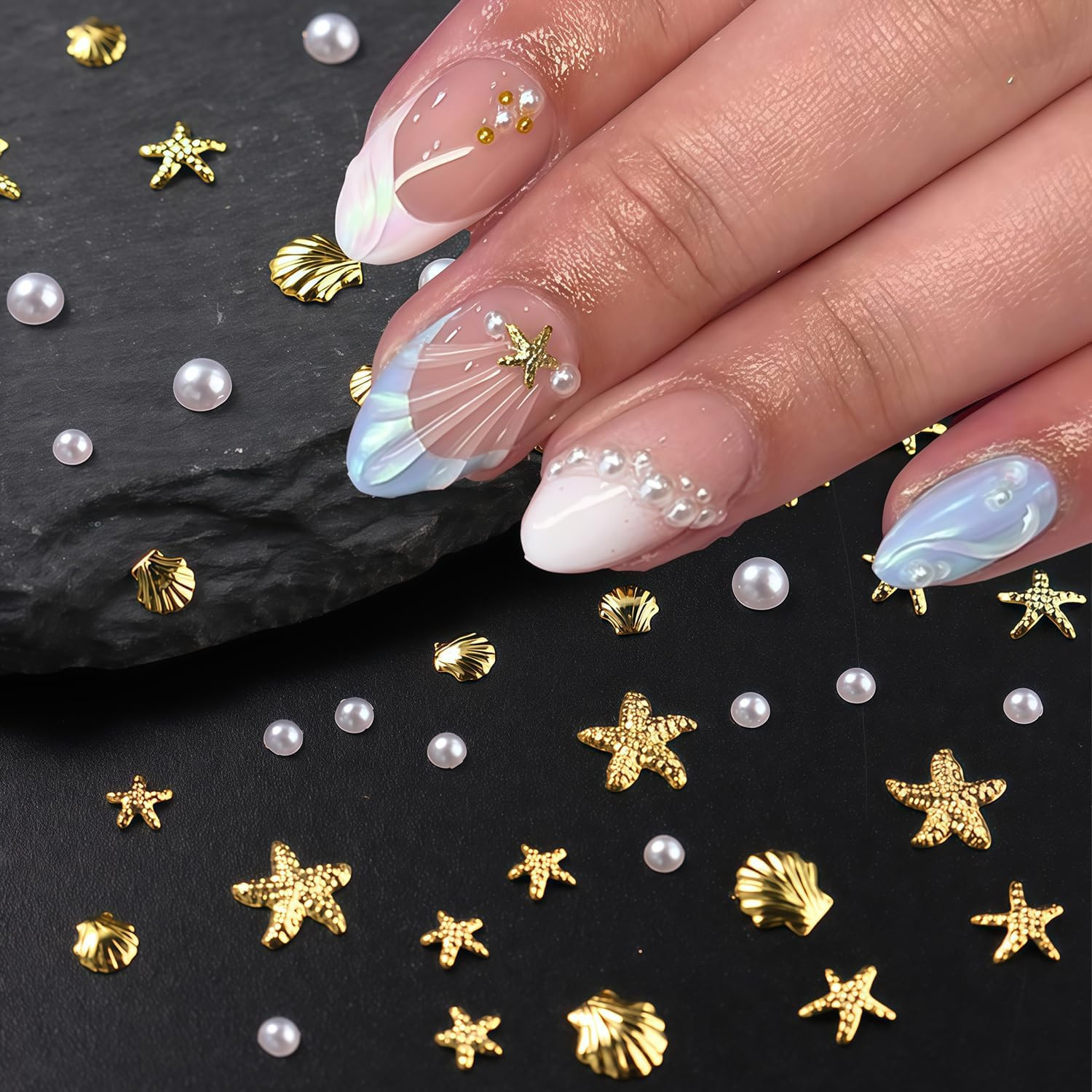 Summer Beach Nail Charms Pearl Shell Starfish Nail Rhinestones Ocean Style Nail