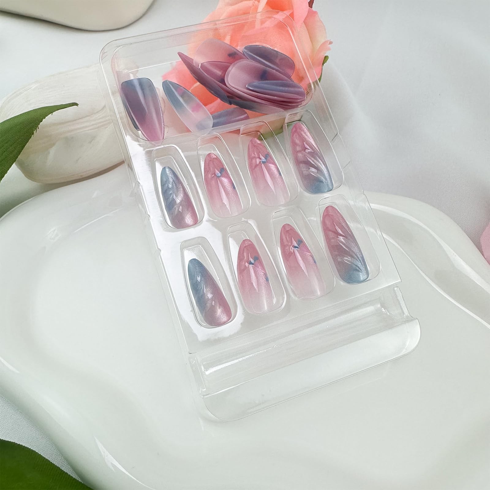24Pcs Colorful Press on Nails Medium Almond Fake Nails Rainbow Ombre Full Cov…