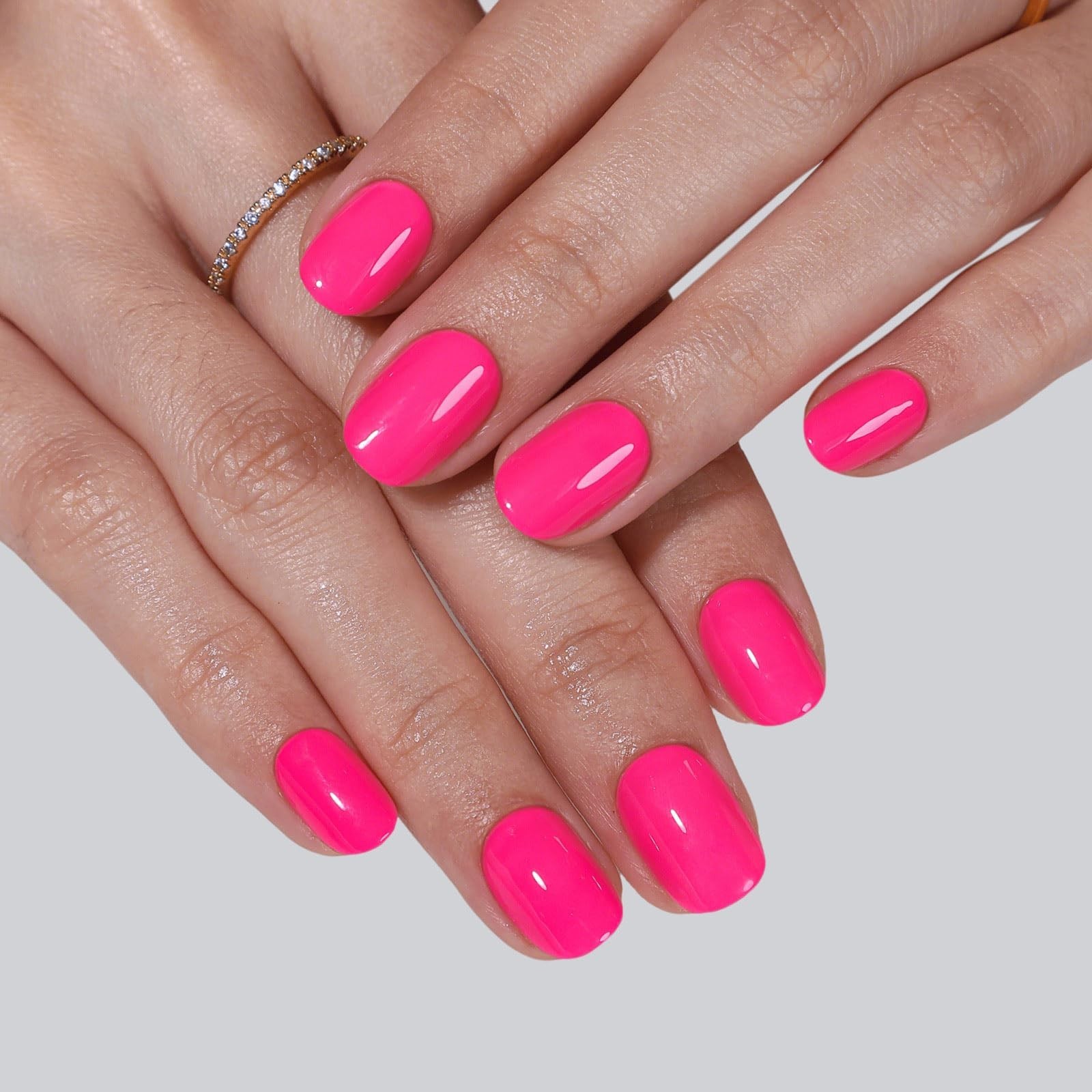 Hot Pink Extra Short Press on Nails – Glossy Squoval Gel Nails, 32 Reusable Kit,