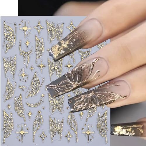 5D Metallic French Tips Nail Stickers Gold Silver Star flower nail decals-8