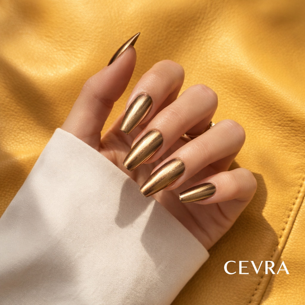 Gold Chrome Press On Nails Long Coffin Glossy Metallic Fake Nails Reusable Full